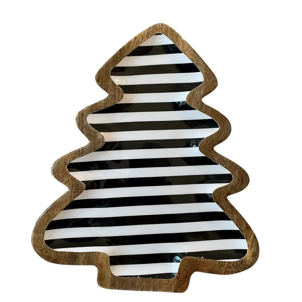 Wooden Christmas Tree Striped Platter 15in Black White Striped Made in India NEW